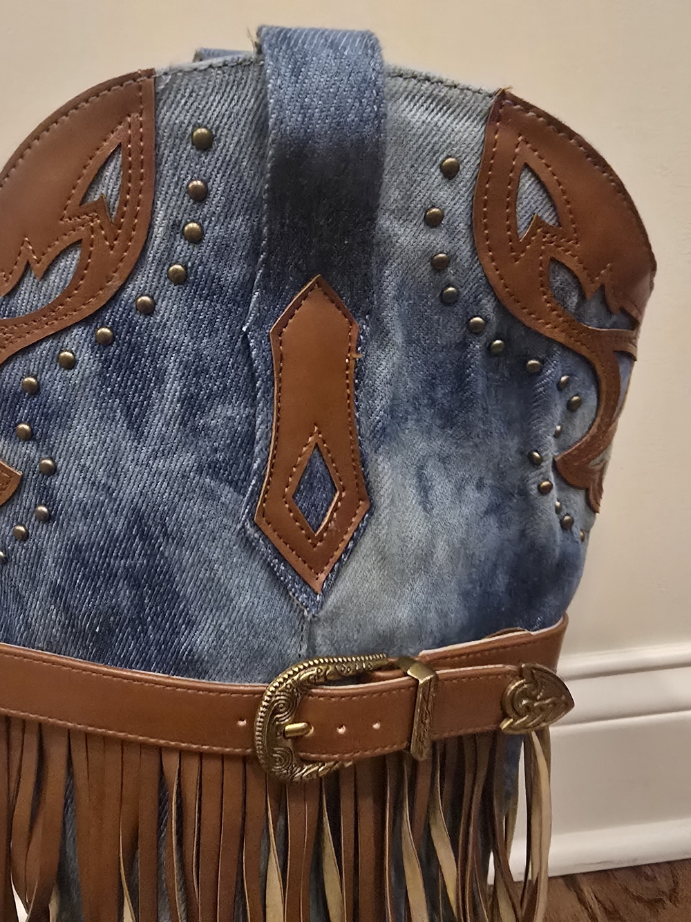 Blue Denim Fringe Western Knee Boots - Women's - Picture 5 of 11